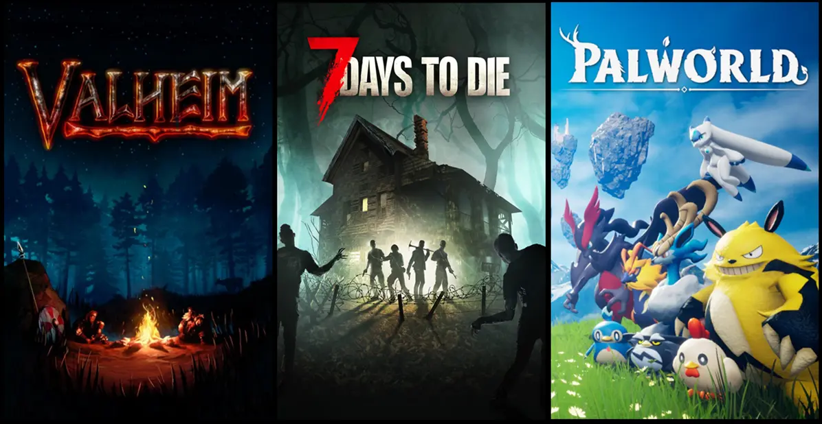 Un collage de juegos de supervivencia multijugador para PC que incluye Valheim, 7 Days to Die y Palworld