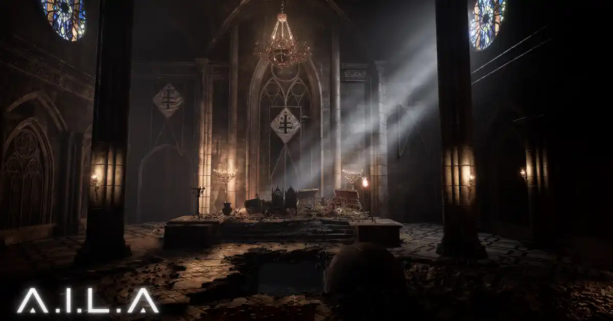 Captura de pantalla de A.I.L.A mostrando un escenario de terror medieval creado por la IA