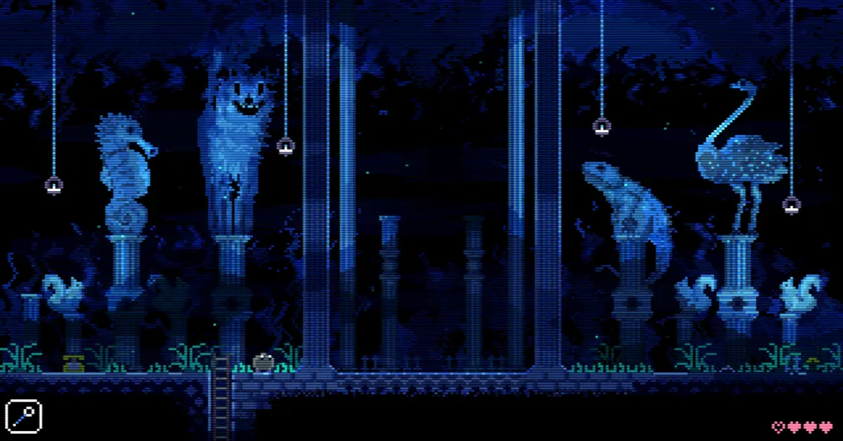 Captura de pantalla del juego Animal Well que muestra un oscuro rompecabezas atmosférico en pixel art