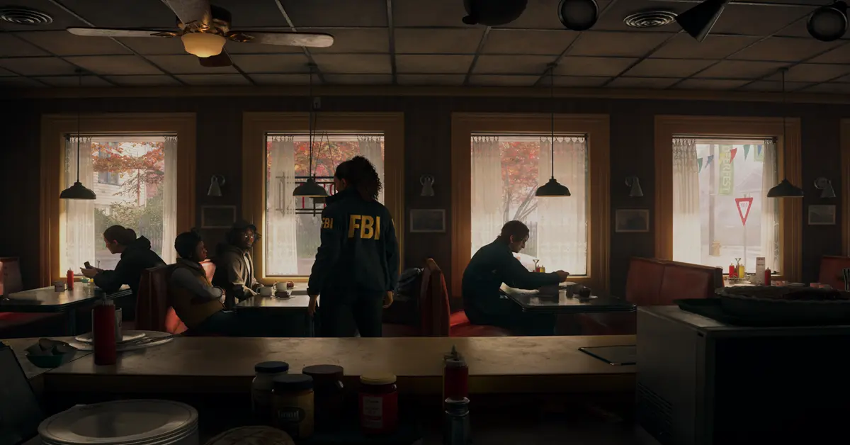 Captura de pantalla de jugabilidad de Saga Anderson investigando una escena del crimen en Bright Falls.