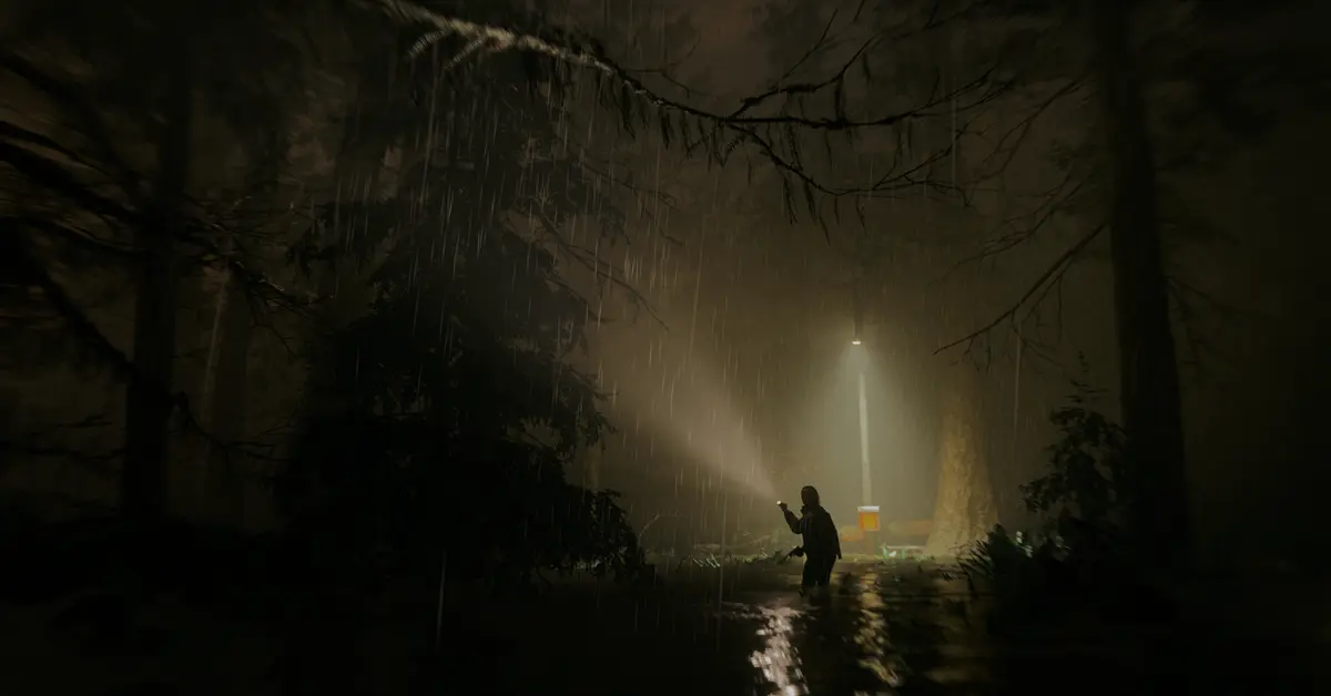 Alan Wake y Saga Anderson de pie en los bosques del noroeste del Pacífico.