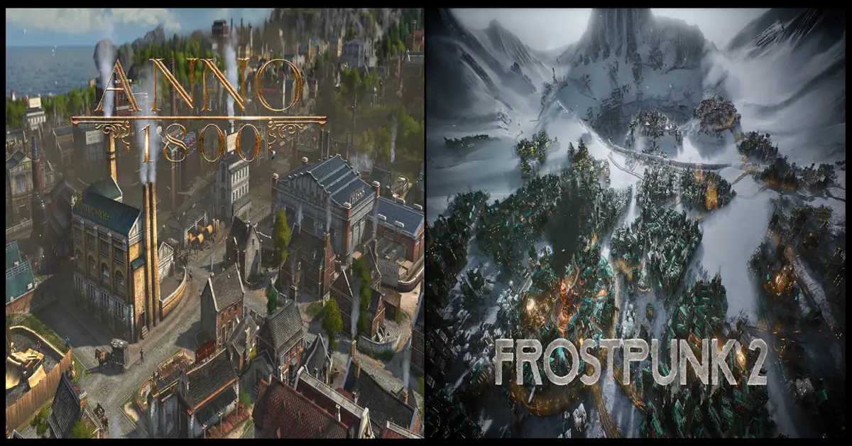 Comparación paralela de una extensa ciudad industrial en Anno 1800 y un puesto de avanzada cubierto de nieve en Frostpunk 2