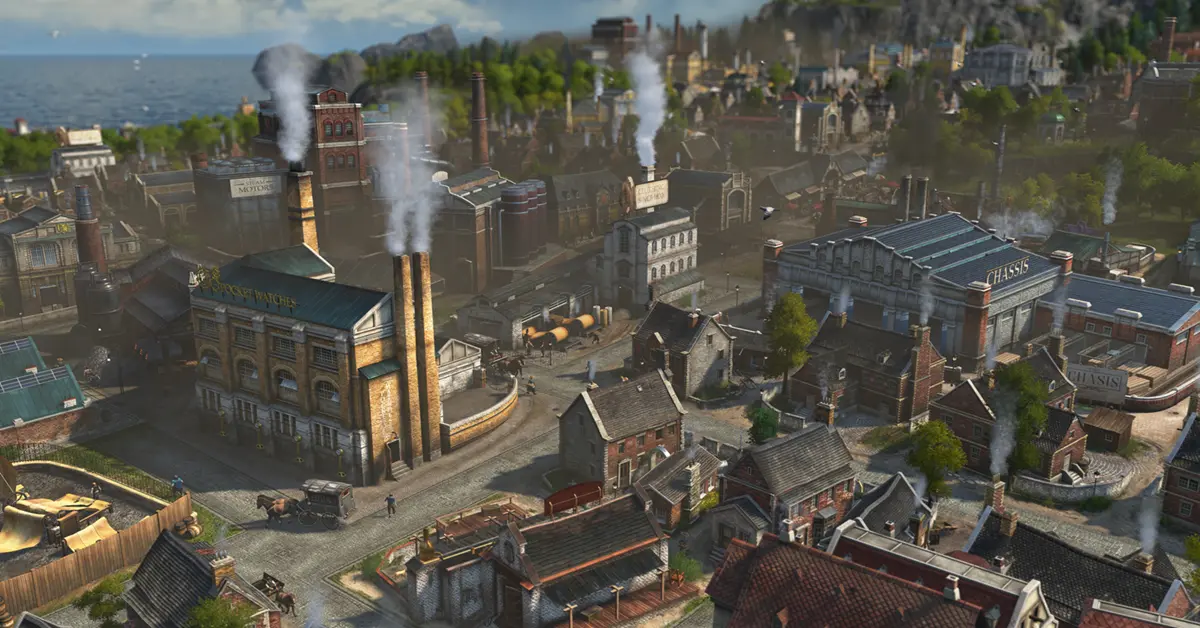 Primer plano cinematográfico de una cuadrícula de ciudad industrial en Anno 1800