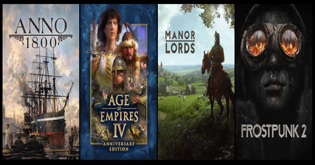 Collage de ilustraciones artísticas de Anno 1800, Age of Empires IV, Manor Lords y Frostpunk 2