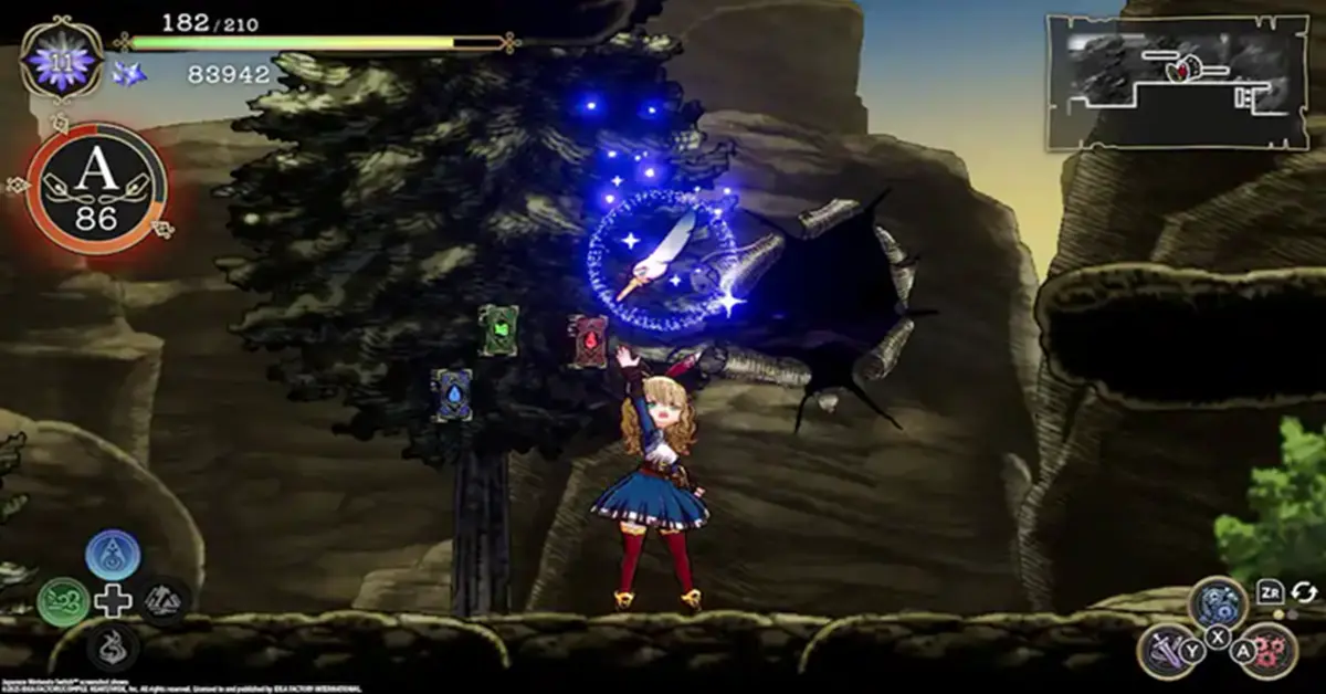 Ariana lanzando un hechizo de combate brillante en un entorno de bosque exuberante y encantado en Ariana and the Elder Codex.