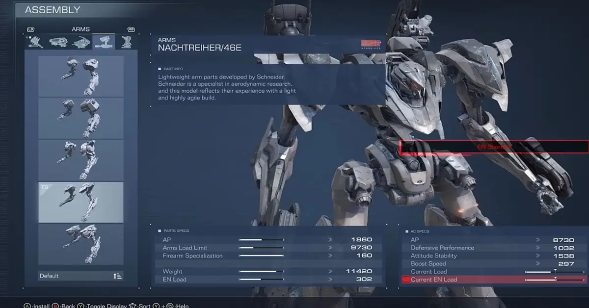 El menú de Ensamblaje en Armored Core VI mostrando estadísticas detalladas para diferentes piernas, brazos y piezas de armas.