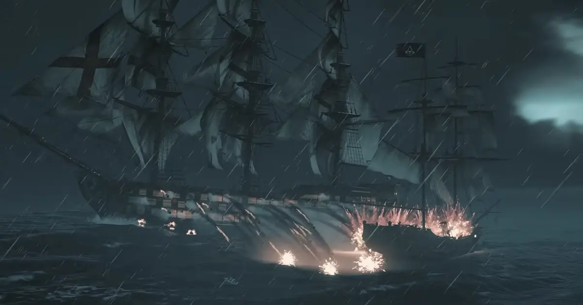 El barco Jackdaw disparando cañones a un galeón británico durante una tormenta en Black Flag Resynced
