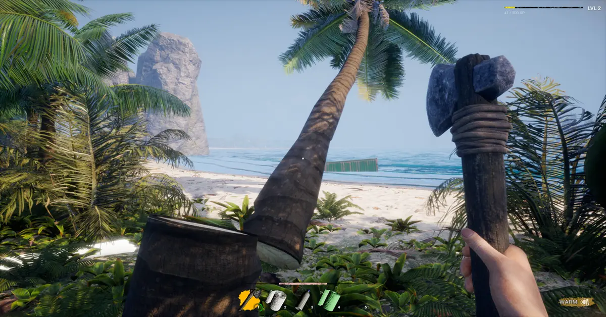 Gameplay de supervivencia en Away From Life mostrando a un personaje en una playa tropical.