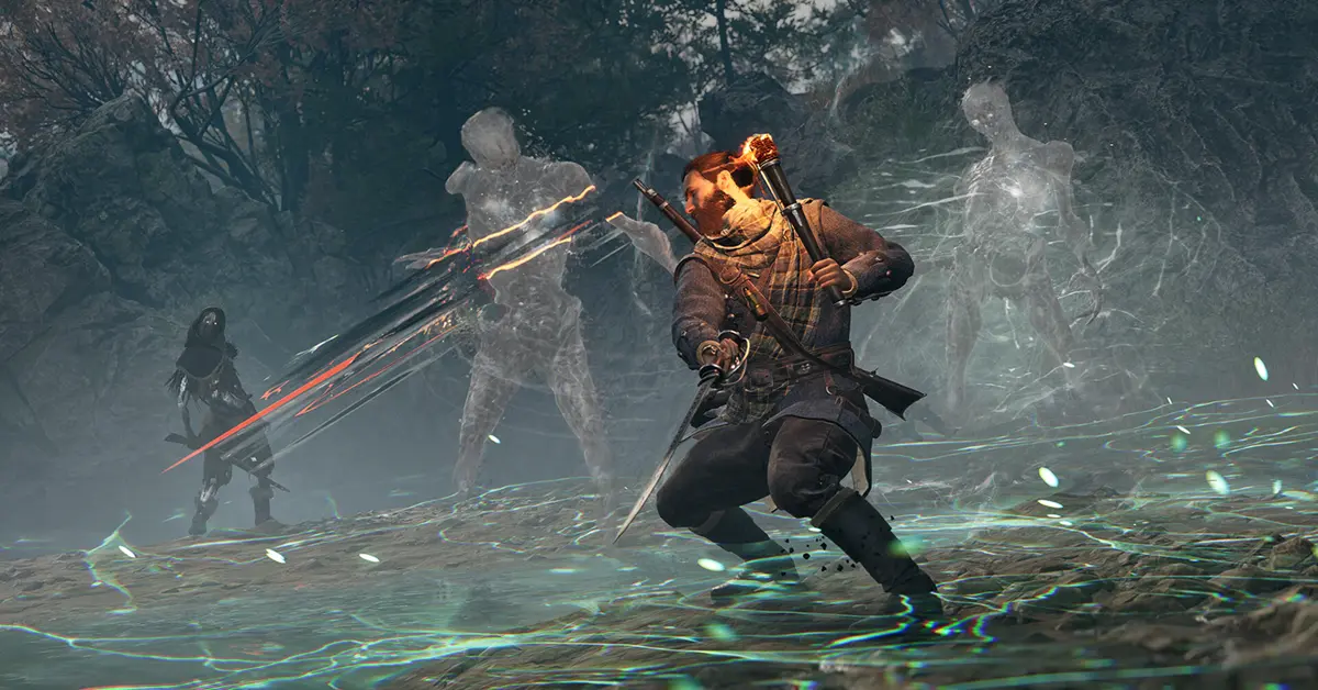 Captura de pantalla de juego que muestra a Red mac Raith combatiendo una entidad espectral en New Eden.