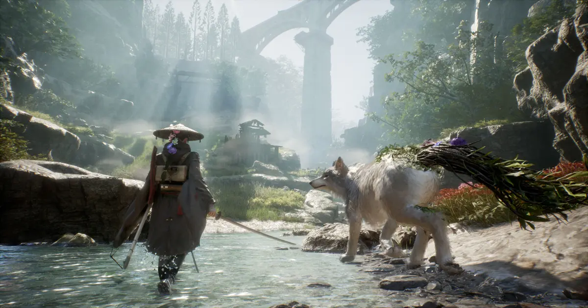 Emma y su perro Koo contemplando una ciudad japonesa postapocalíptica en ruinas y cubierta de vegetación.