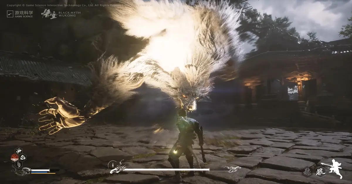 Captura de pantalla del juego de una escena de batalla de jefes en Black Myth Wukong