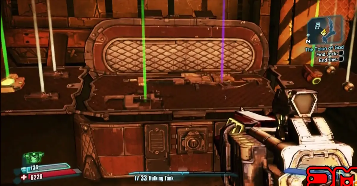 Un personaje saqueando un cofre de armas brillante en Borderlands 2.