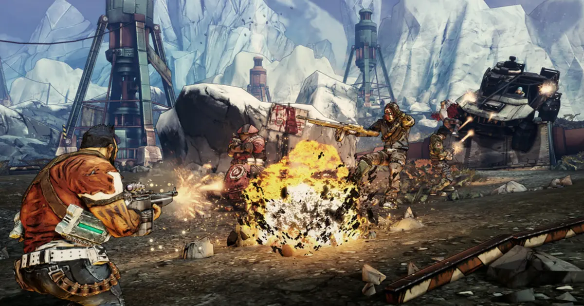 Los Buscacámaras de Borderlands 2 posando ante un caótico paisaje de Pandora.
