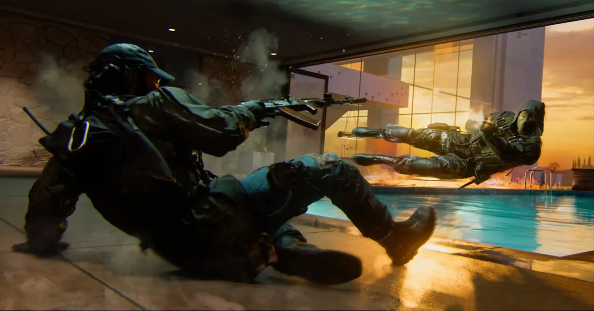 Personaje del multijugador de Call of Duty Black Ops 6 deslizándose mientras dispara un arma.