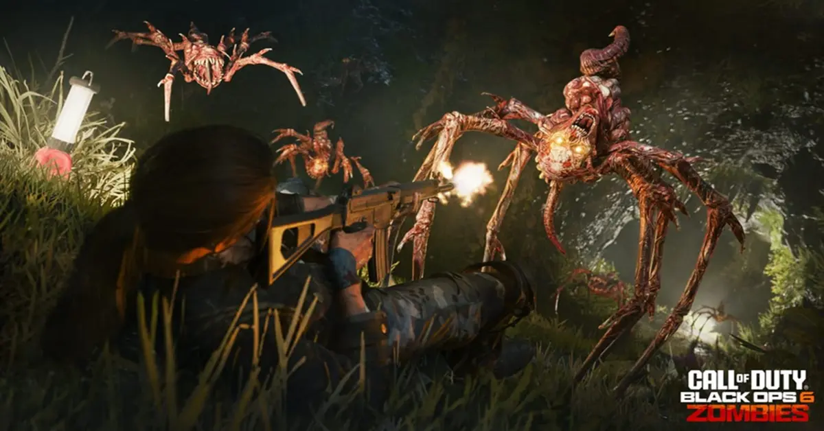 Personaje de Black Ops 6 utilizando omnimovimiento para deslizarse y esquivar una horda de zombis agresiva.