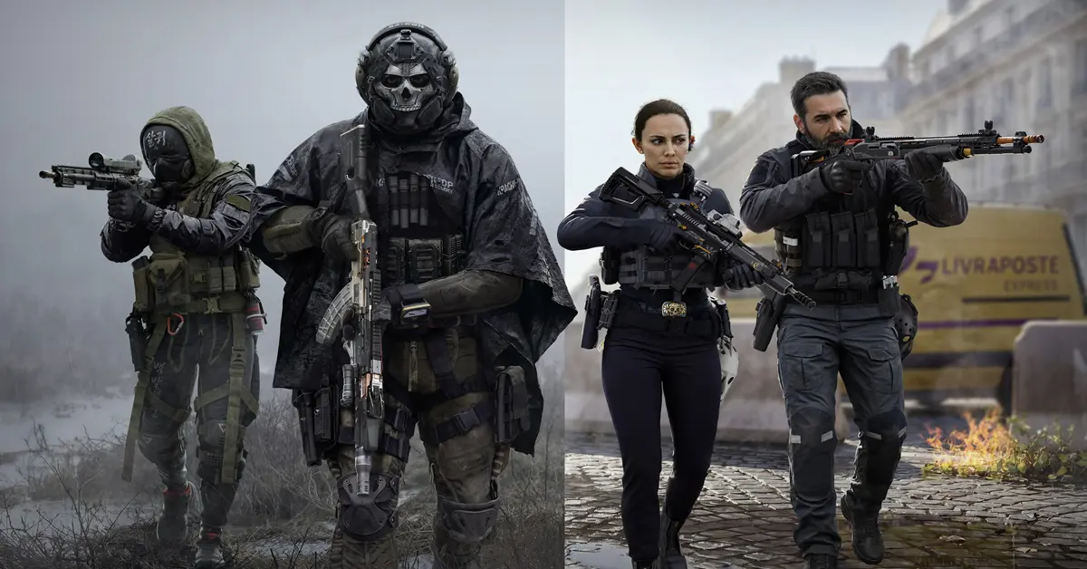 Paquete de Operadores Hostile Alliance de la Edición de Archivo de Modern Warfare 4 que muestra a Price, Valeria, Ghost y Blix