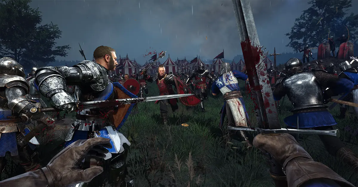 Un caótico campo de batalla medieval en Chivalry 2 con caballeros enfrentándose durante un asedio.