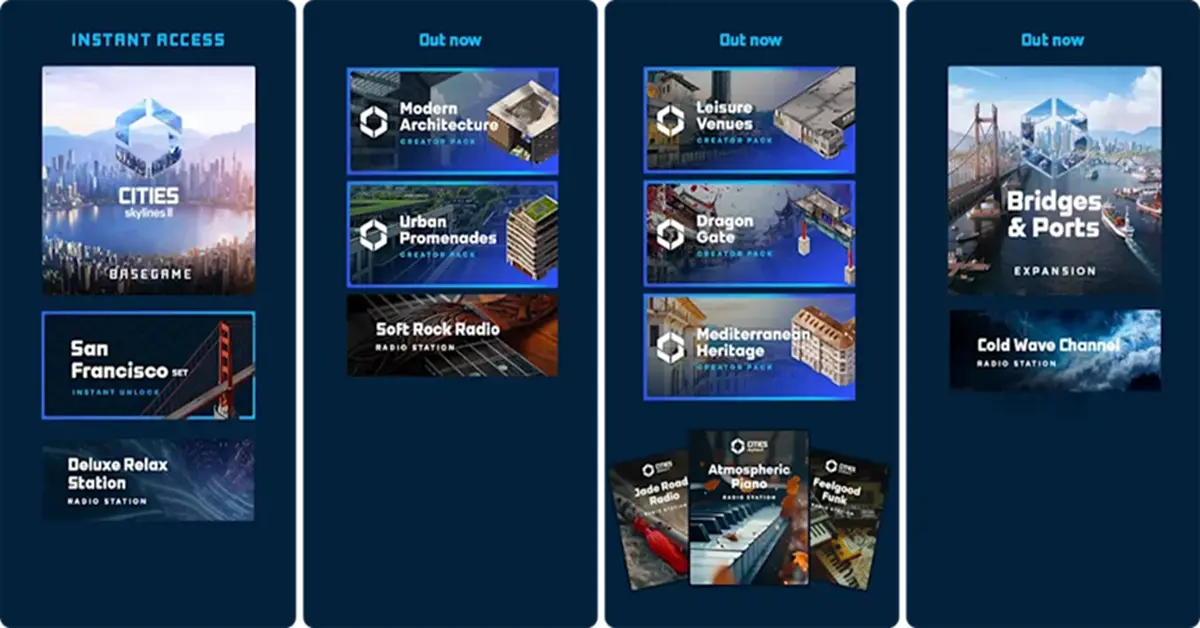 Comparación de los contenidos de las ediciones y las hojas de ruta de los DLC para Cities: Skylines 2.