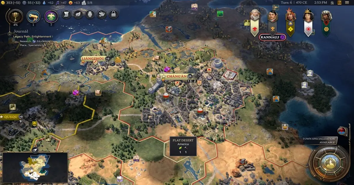 Una vista detallada de un imperio en expansión pasando de la Edad Antigua a la Edad de los Descubrimientos en Civilization VII