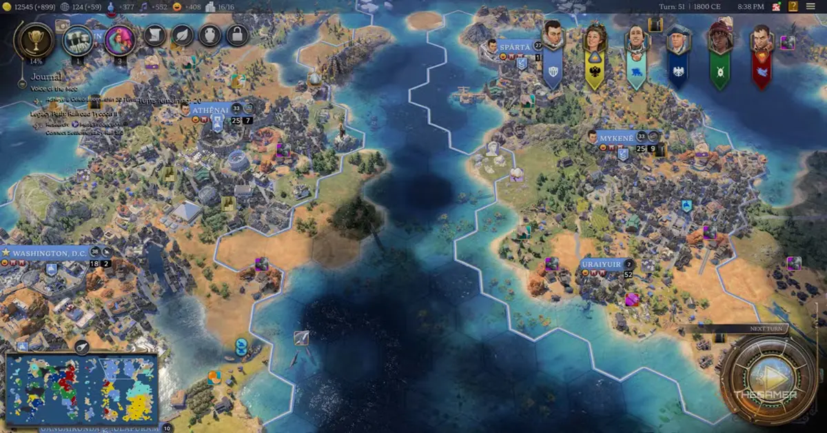 Vista del mapa táctico en Civilization VII que muestra ciudades en expansión a lo largo de un continente exuberante