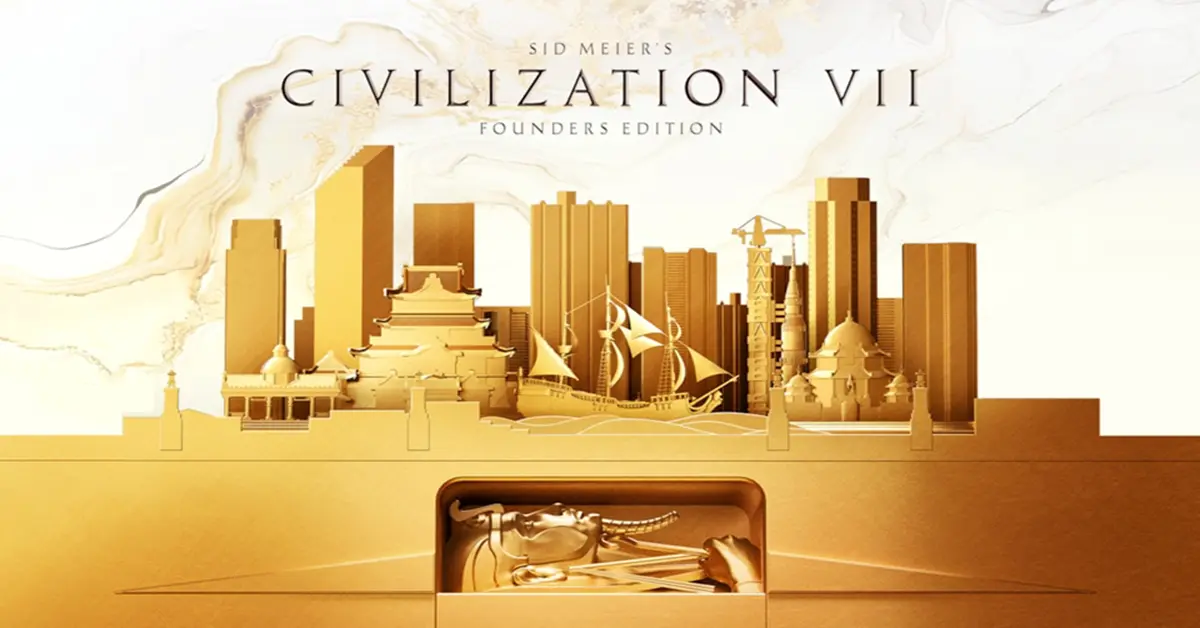 Arte principal de Civilization VII mostrando líderes históricos observando un vasto imperio en expansión