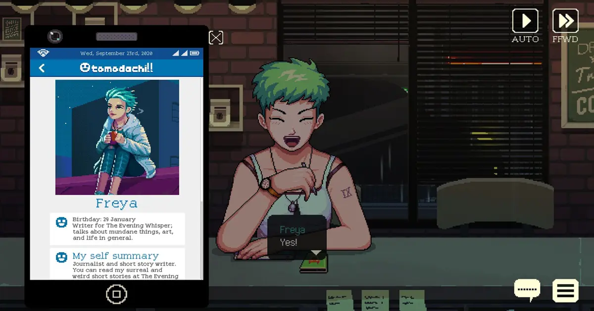Die Benutzeroberfläche der In-Game-Social-Media-App Tomodachill in Coffee Talk Tokyo.