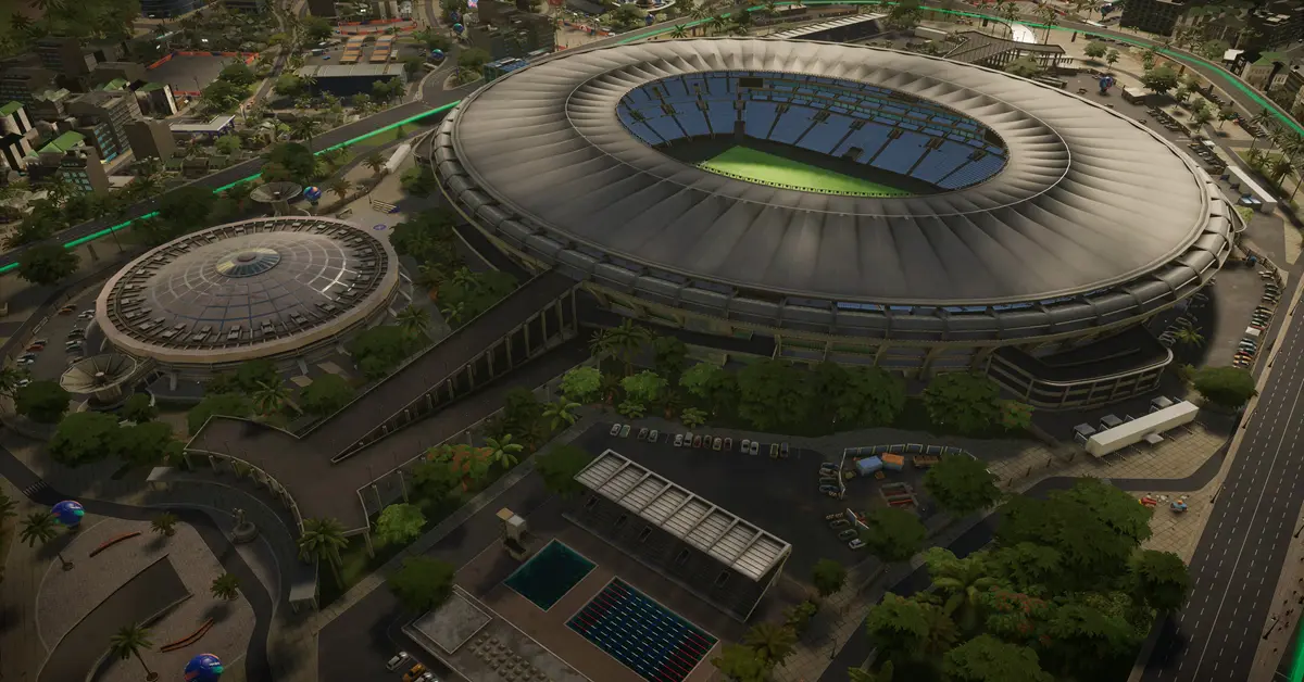 Vista aérea de una bulliciosa zona de aficionados de un estadio en Copa City