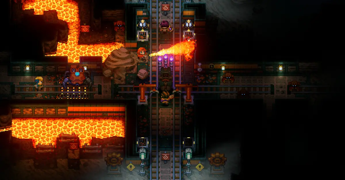 Jugador de Core Keeper extrayendo minerales en una caverna subterránea con gráficos pixel art