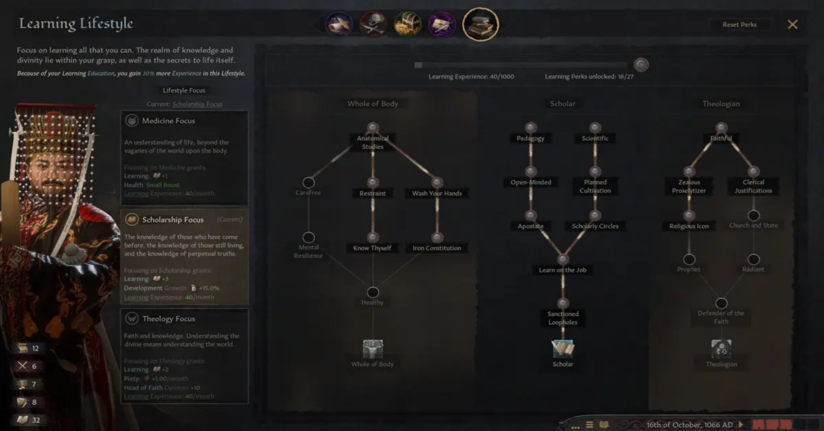 La pantalla de gestión de rasgos y habilidades de los personajes en Crusader Kings III.
