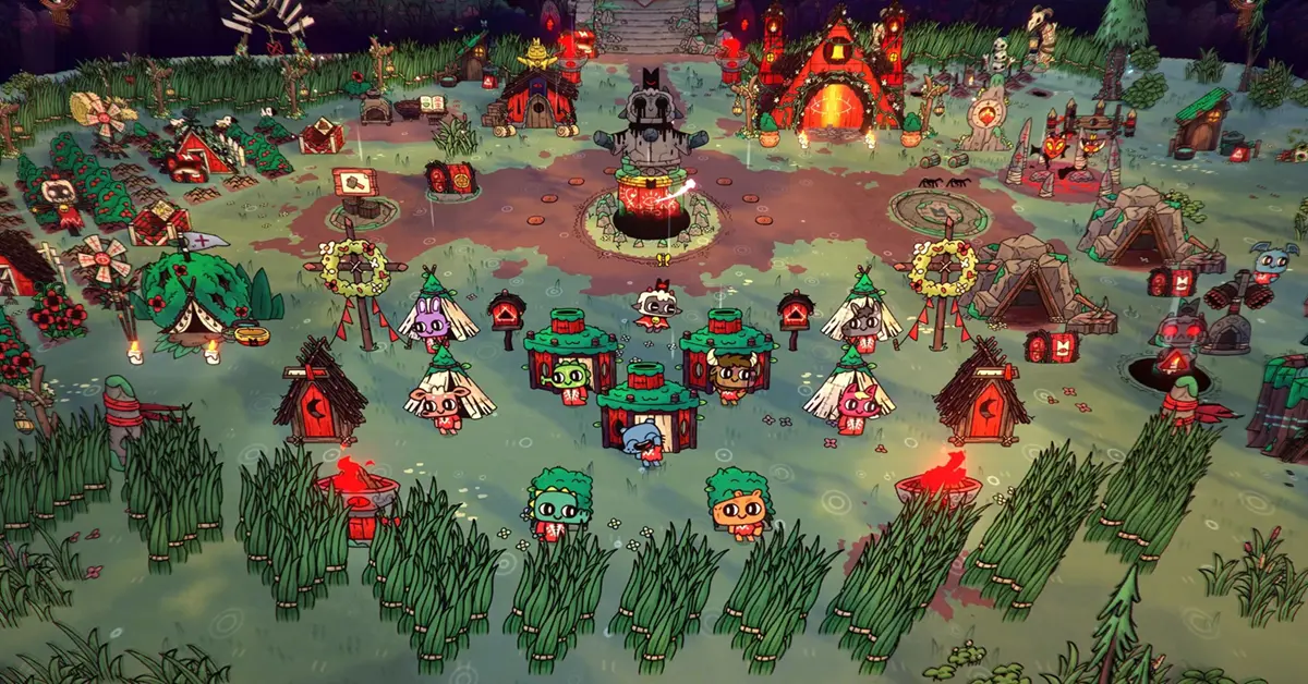 Captura de pantalla del juego mostrando la vista de construcción de la aldea en Cult of the Lamb.