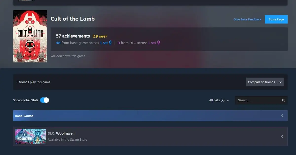 Interfaz de logros de Steam para Cult of the Lamb mostrando hitos de finalización del juego base