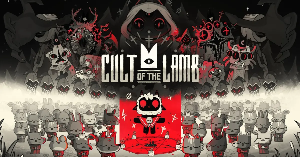 Ilustración oficial de Cult of the Lamb mostrando al personaje del cordero liderando un ritual.