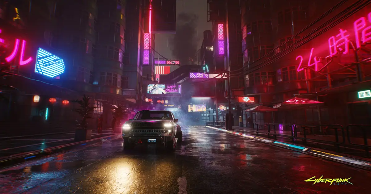 Night City iluminada por farolas de neón en Cyberpunk 2077