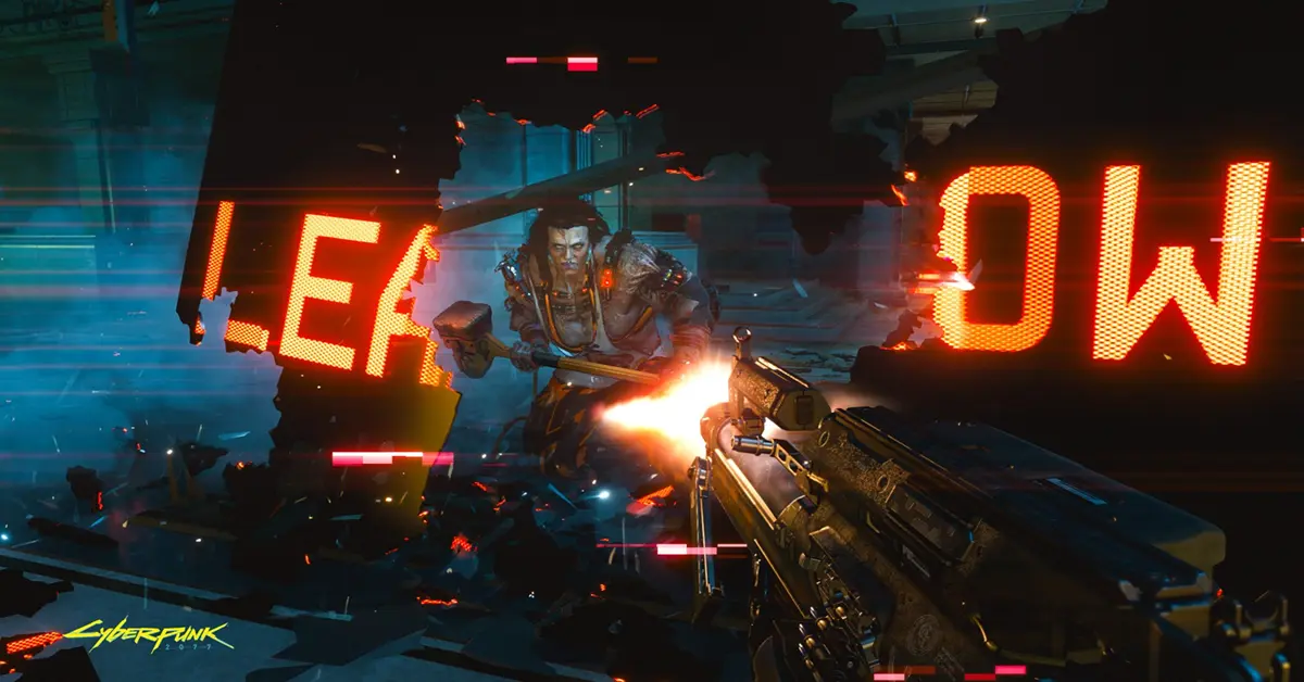 V disparando un arma inteligente en un intenso combate en Cyberpunk 2077