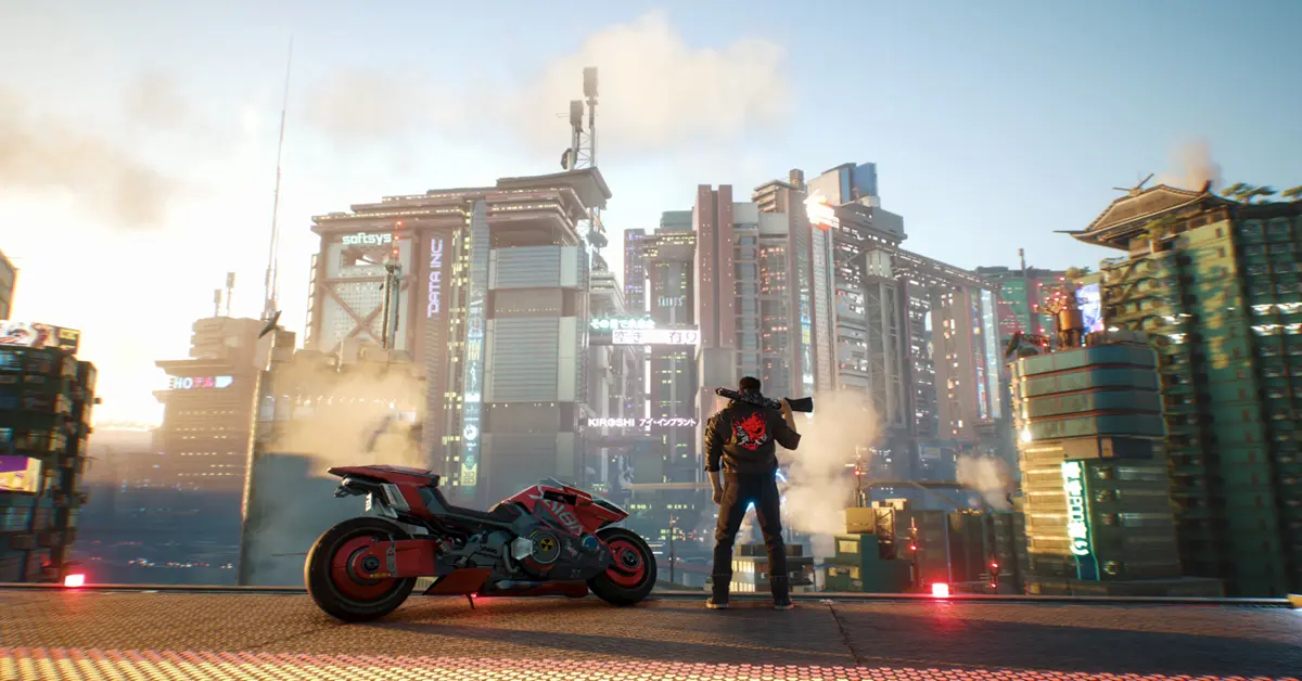 V observando el horizonte iluminado por luces de neón de Night City en Cyberpunk 2077