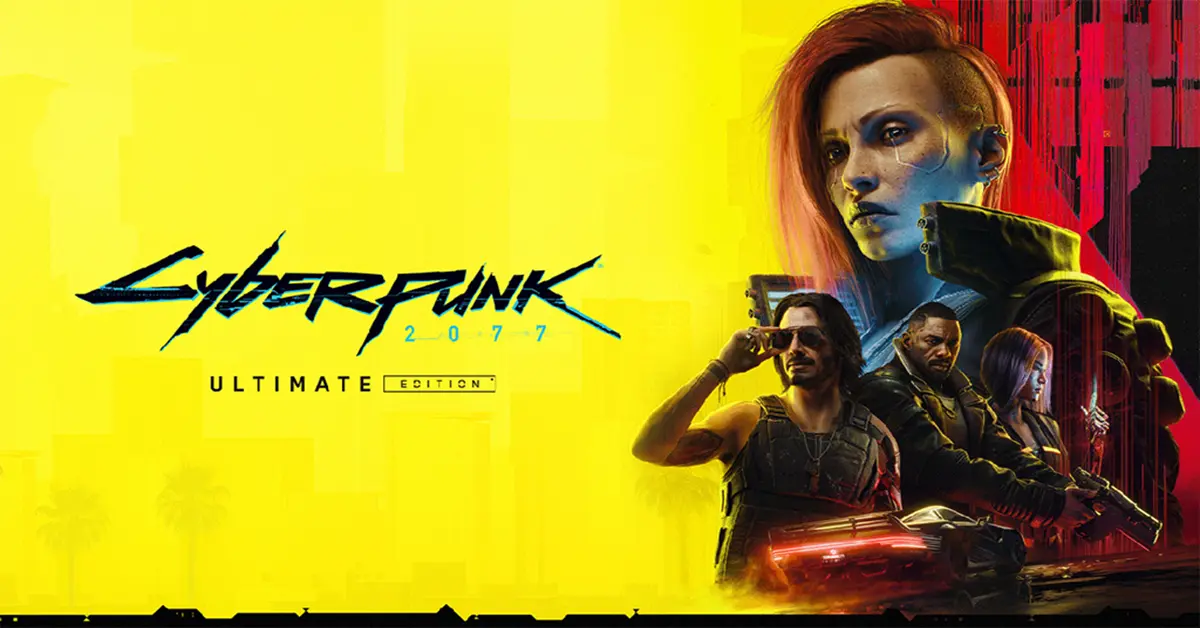 Arte de portada de Cyberpunk 2077 Ultimate Edition mostrando a V en Night City