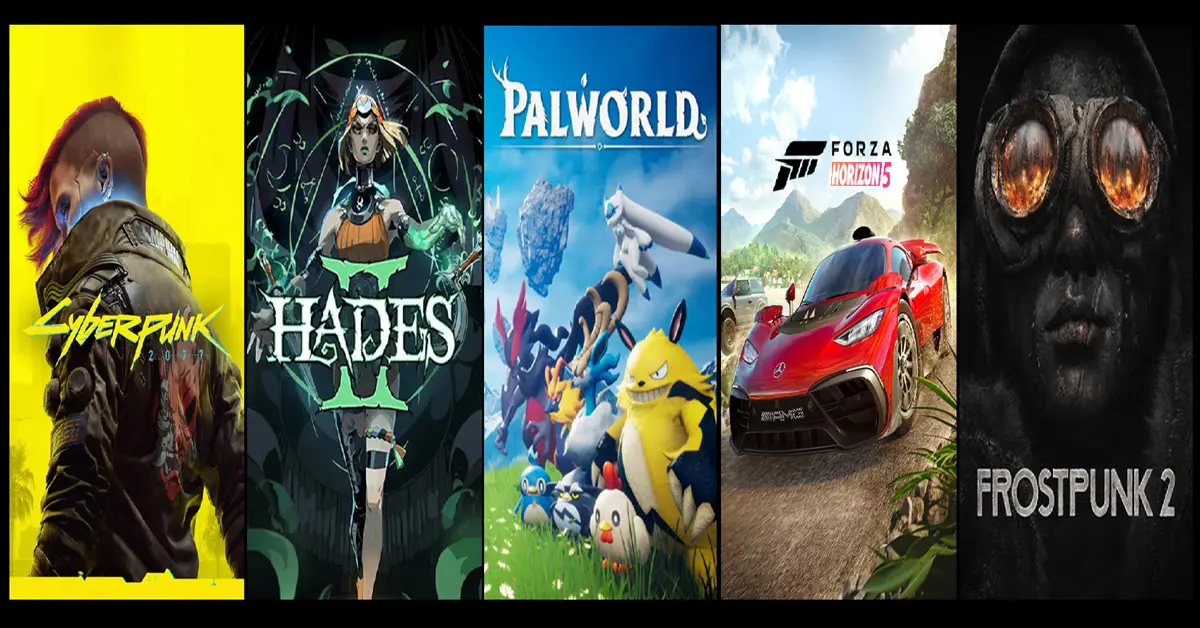 Pantalla dividida que muestra Cyberpunk 2077, Hades 2, Palworld, Forza Horizon 5 y Frostpunk 2