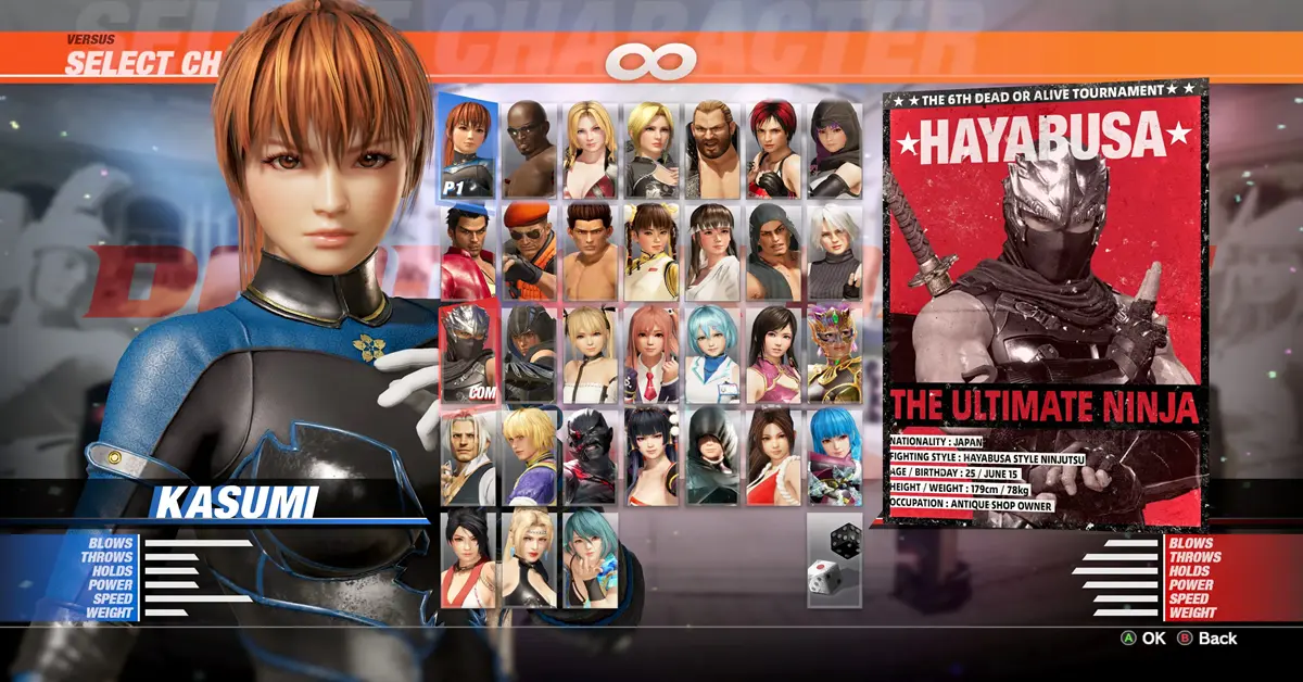 Menú principal o pantalla de selección de personajes de Dead or Alive 6 en PC