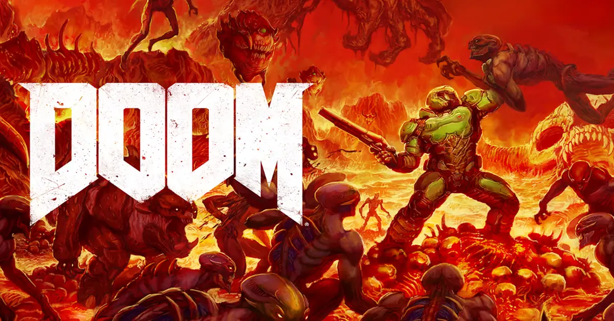 Marine de DOOM en la superficie de Marte de pie sobre un demonio derrotado.