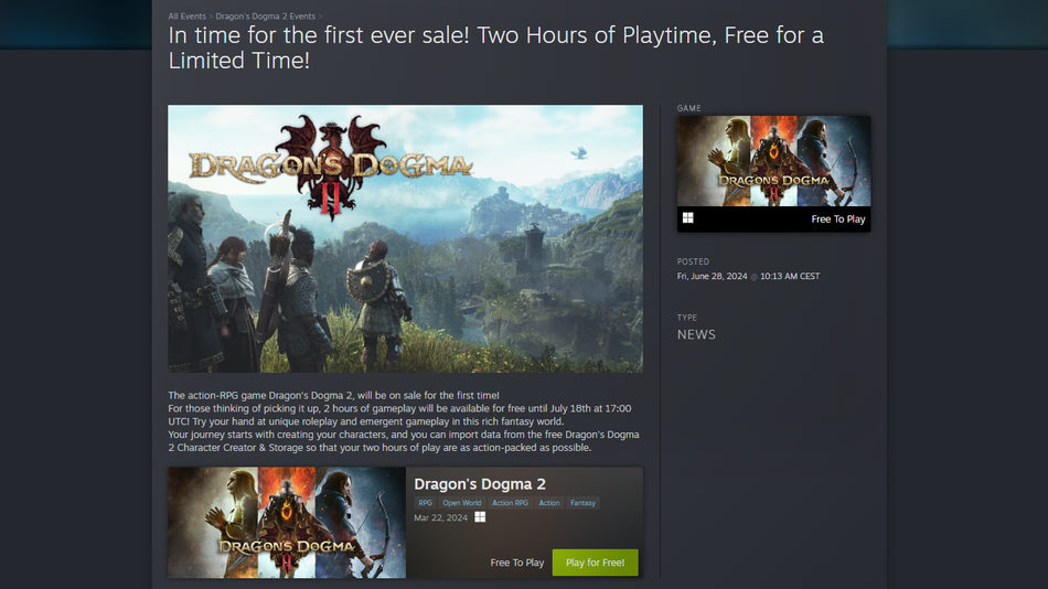 anuncio de la demo por tiempo limitado de Dragon’s Dogma 2 en Steam