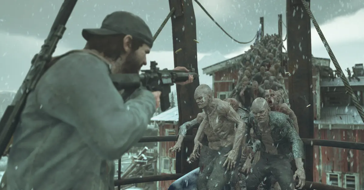 Una enorme horda de engendros persiguiendo a Deacon a través de un aserradero abandonado en Days Gone.