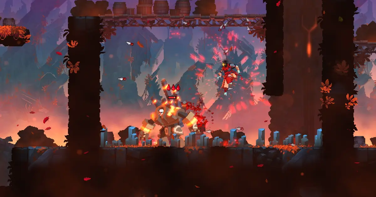 El protagonista decapitado de Dead Cells ejecutando un ataque aplastante hacia abajo contra varios enemigos en un entorno de mazmorra oscuro con estilo pixel art.