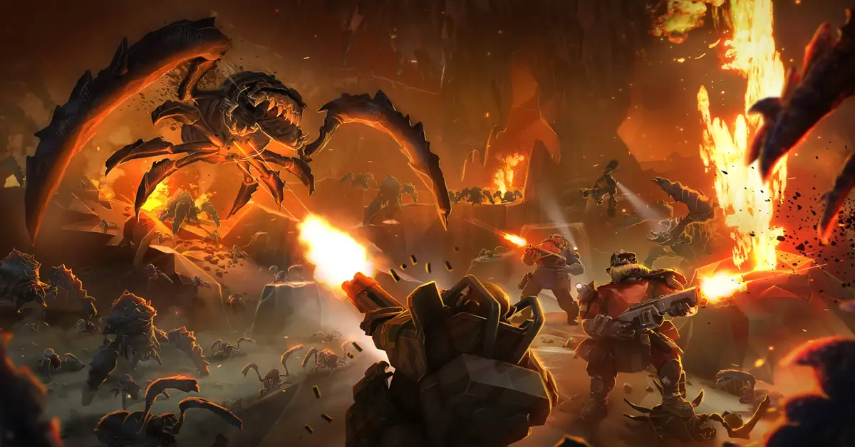 Un equipo de enanos de Deep Rock Galactic luchando contra un enjambre masivo de alienígenas Glífidos mientras extraen oro