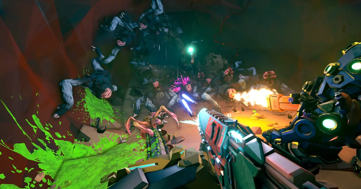 Un escuadrón de Reclaimers luchando contra una horda de enemigos Corespawn dentro de una instalación metálica y abandonada de Deep Rock Galactic.
