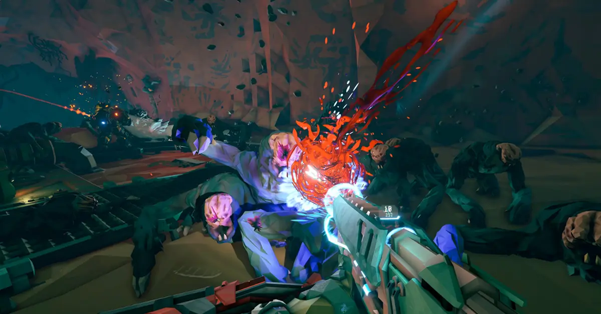 Un Reclaimer enano de élite de Deep Rock Galactic: Rogue Core luchando contra Corespawns hostiles en una instalación minera industrial tenuemente iluminada.