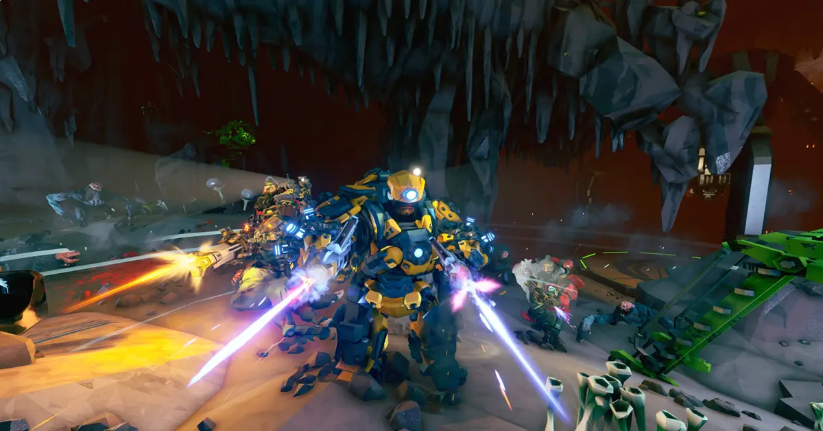 Cuatro Enanos Recuperadores sosteniendo armas de alta tecnología y de pie juntos en Deep Rock Galactic Rogue Core