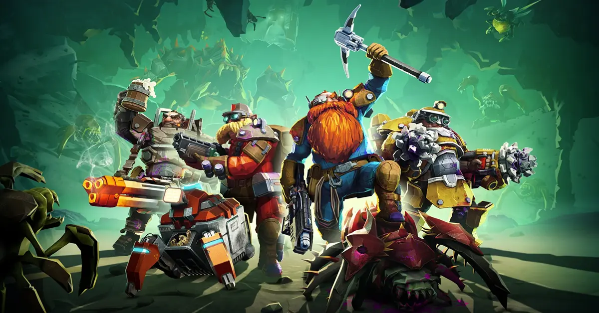 Un escuadrón de mineros enanos fuertemente armados reunidos en una oscura y brillante caverna alienígena en Deep Rock Galactic