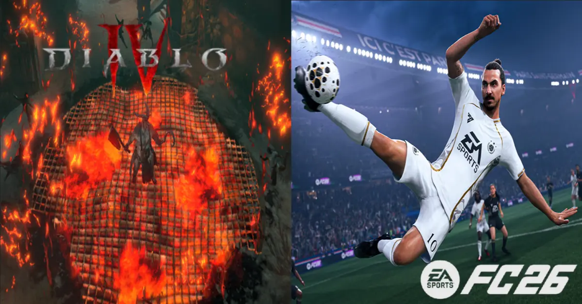 Capturas de pantalla de gameplay lado a lado que muestran una batalla infernal en una mazmorra de Diablo 4 y un tenso penalti en EA Sports FC 26