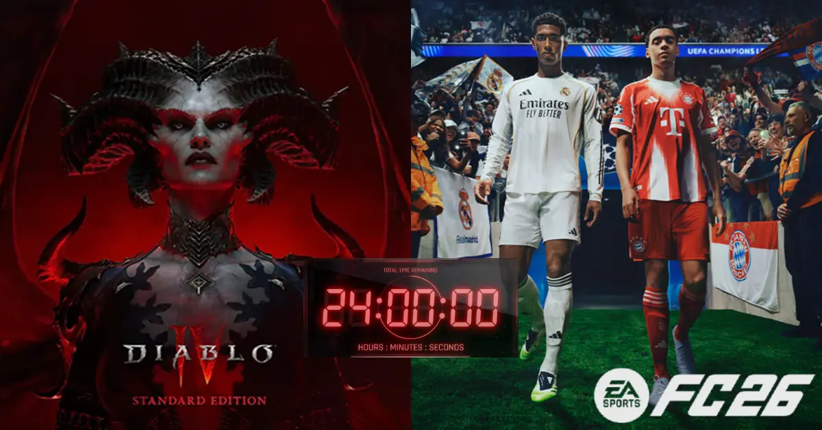Gráfico en pantalla dividida que muestra a Lilith de Diablo 4 y a los atletas de la portada de EA Sports FC 26 con un temporizador brillante de cuenta regresiva de 24 horas
