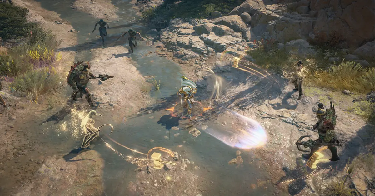 Captura de pantalla del juego que muestra a un personaje Paladín empuñando una espada roja brillante y un escudo contra un fondo oscuro en Diablo IV